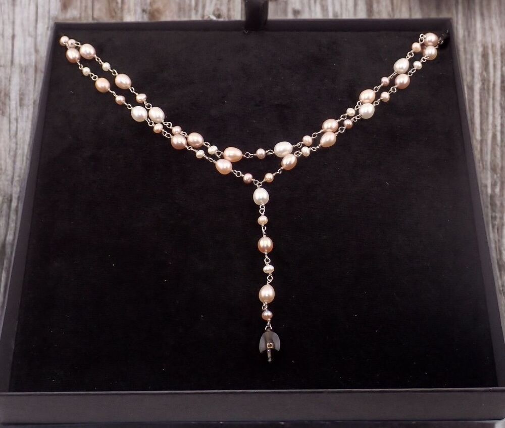 Freshwater 2 Strand Pink & White Pearl Y Drop Necklace on Silver Chain